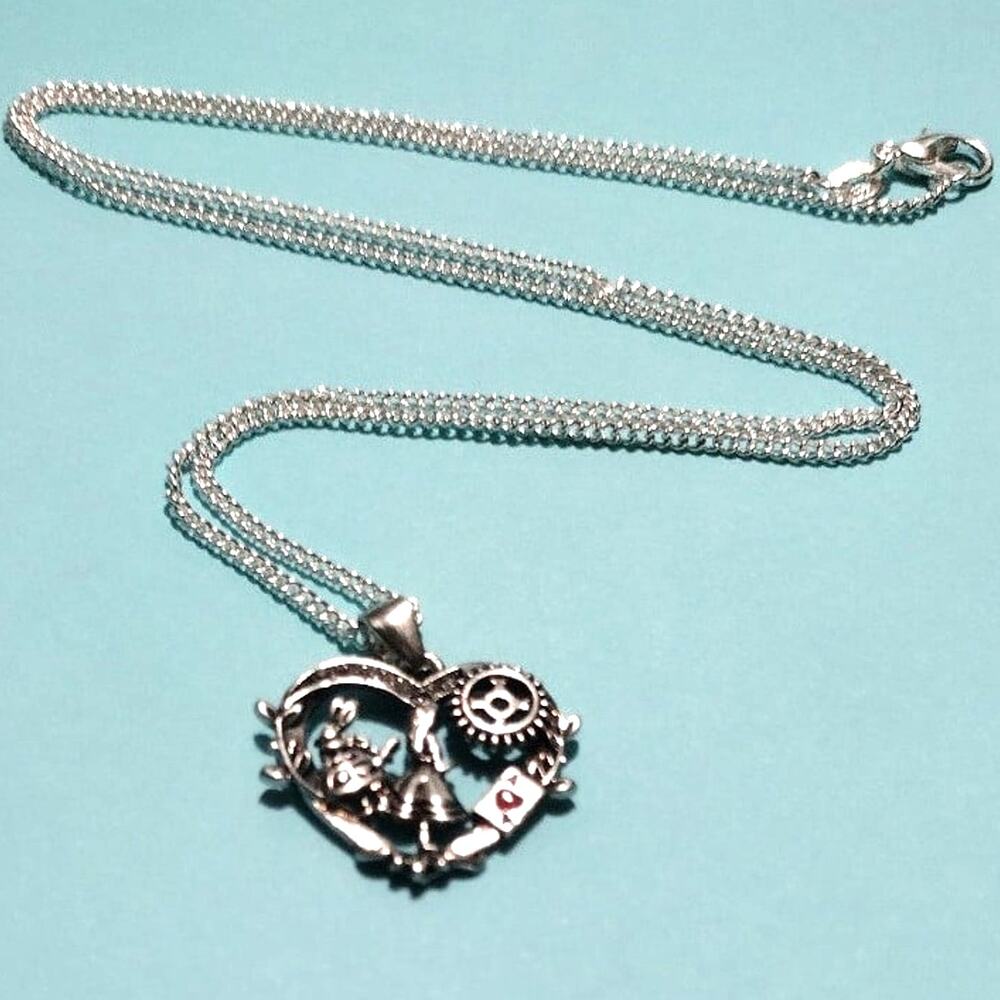 Alice Wonderland Sterling Sliver 925 Necklace Psychedelic Halloween Christmas